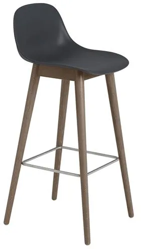 Muuto Fiber Barstol med Træ Base Og Ryglæn Sort/Mørk Brun H97,5 cm
